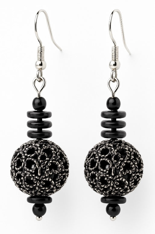 Black Filigree Bead Drop Earrings