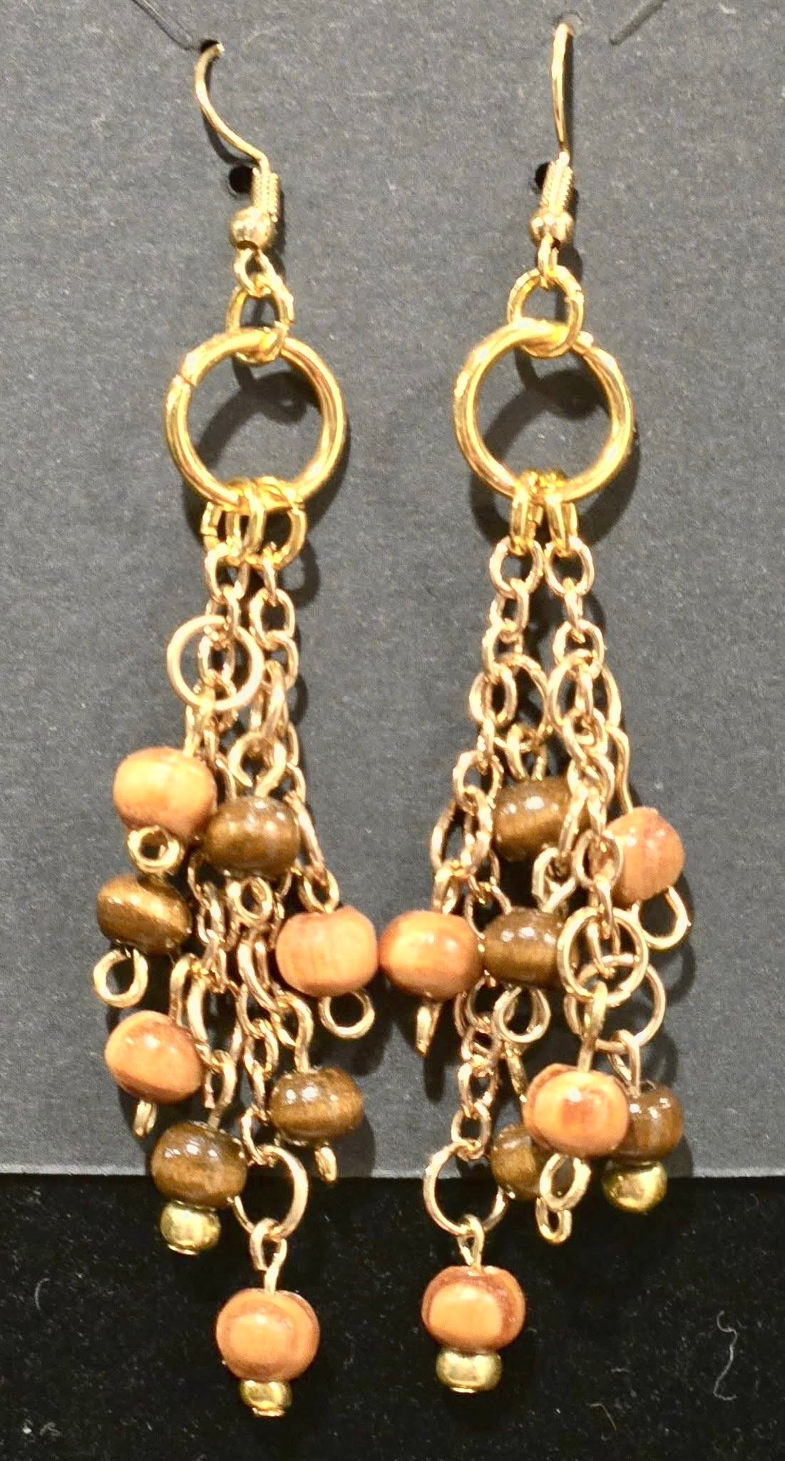 Gold Chain & Wooden Bead Drop Earrings