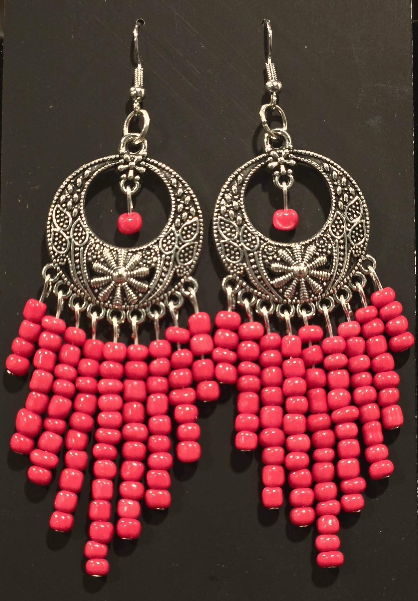 Bold Red Beaded Boho Chandelier Earrings