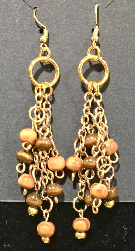 Gold Chain & Wooden Bead Drop Earrings