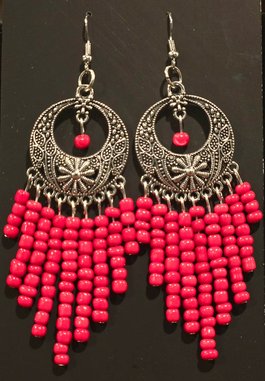 Bold Red Beaded Boho Chandelier Earrings